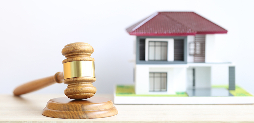 Property auction, Gavel wooden and model house on wtite background, lawyer of home real estate and ownership property concept