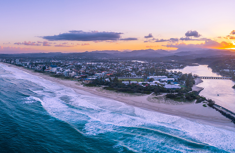 Beautiful sunset over Gold Coast coastline. Gold Coast, Queensland, Australia