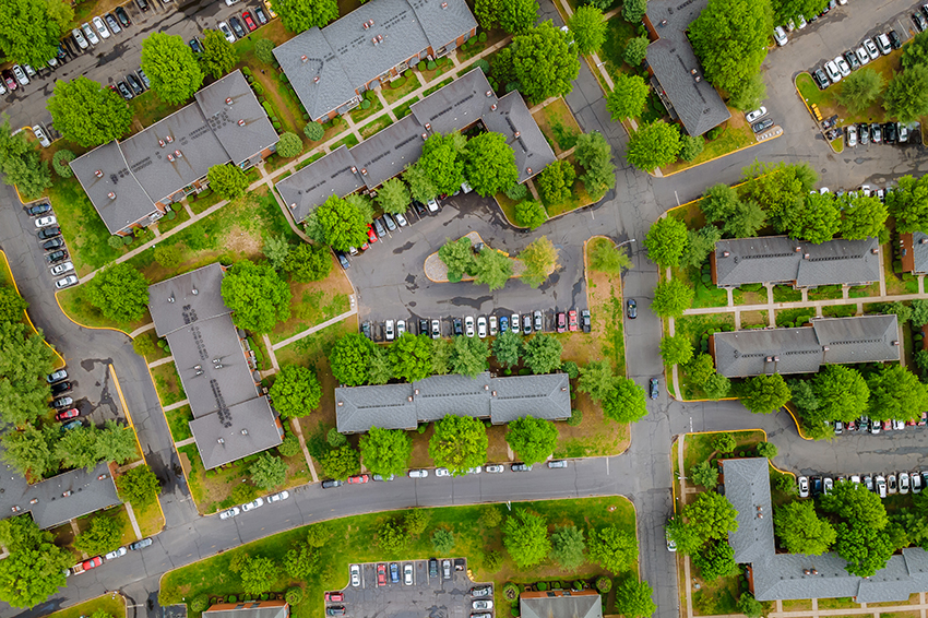 A small town from a height suburban neighborhood with houses